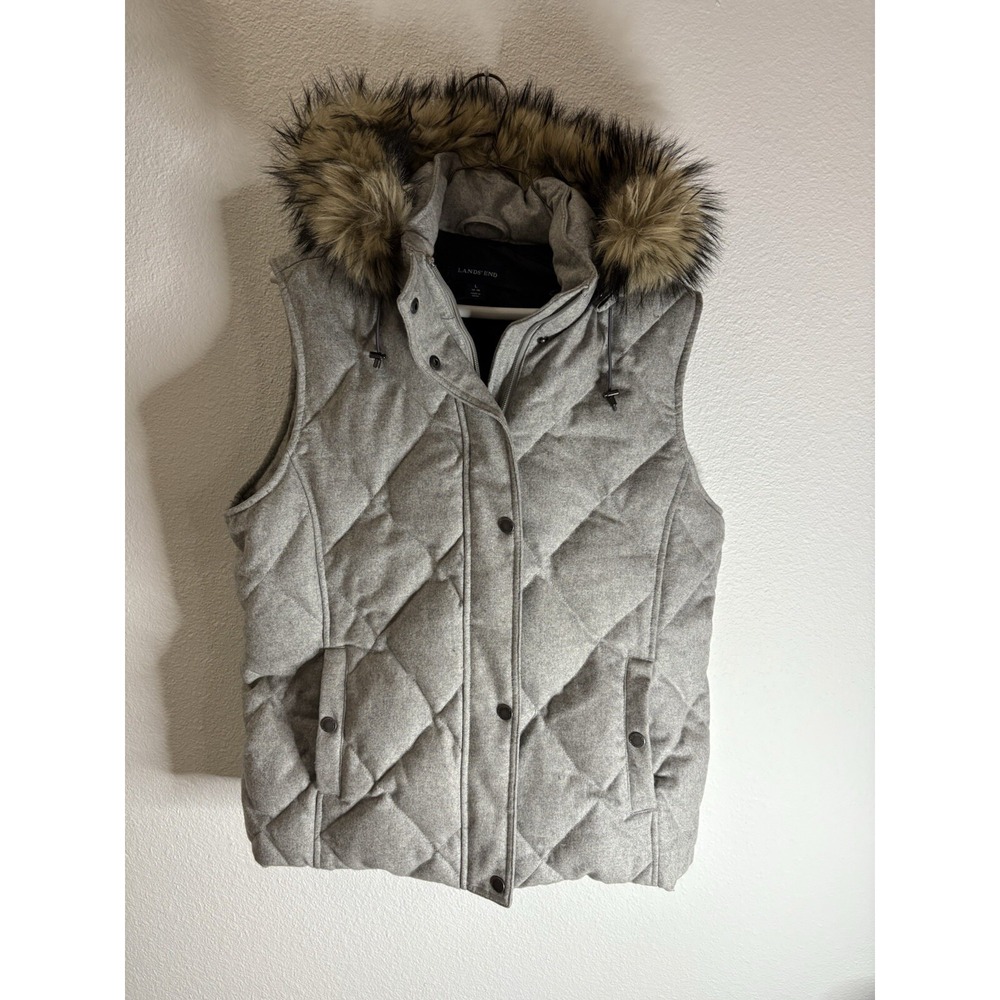 Lands End Gray Wool Vest with Removable Faux Fur Hood (Women Large) EUC